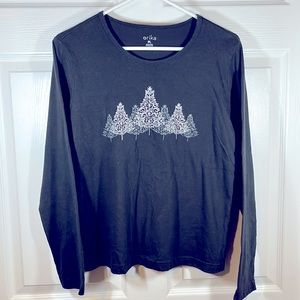EXC Black Long Sleeve Tee SHIRT Top Silver Christmas Trees Women’s Petite Large